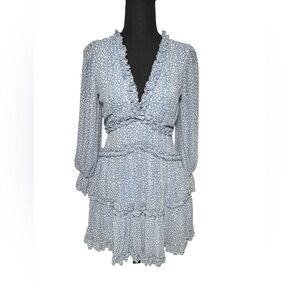 Saints + Secrets Blue and White Ruffle Tiered Mini Dress Issy Leopard Print SZ S